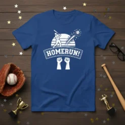 HOMERUN! baseball t-shirt design featuring a batter, baseball, and triumphant fists