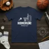 HOMERUN! Homerun! text with a baseball flying into a basketball hoop graphic on a navy t-shirt
