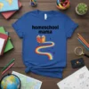 Homeschool mama t-shirt with black text, rainbow path, and open book graphic