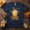 Navy blue t-shirt with "HONEY HONEY" text, a jar of honey, and cartoon bees