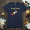 Honey Whoo text with a couple on a rocket ship surrounded by hearts, on a navy blue t-shirt