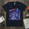 Navy t-shirt featuring a vibrant neon Hong Kong skyline illustration at night with a crescent moon