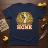 Navy blue t-shirt with a vintage-style graphic of a goose head emerging from coins, with "HONK" text below and lightning