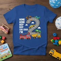 Blue t-shirt design with "Honk Honk Beep Beep Cho Choo I'm 2" text and cartoon vehicles on a road shaped