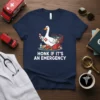 Honk If It's An Emergency quote on a navy t-shirt with a cartoon duck doctor holding a stethoscope