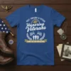 Blue t-shirt with "PAST, PRESENT, & FUTURE Honoring Veterans THANK YOU FOR YOUR SERVICE" text, eagle, silhouettes of soldiers, and