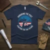 T-shirt design with text "Honoring the Past Fighting for the Future" and graphic of a factory, bridge, and a wrench