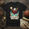 Hoops & Myths t-shirt design featuring Zeus holding a basketball and lightning bolt, surrounded by clouds and water