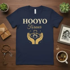 Navy t-shirt with gold text "HOOYO Forever" and gold hands holding hearts graphic