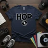 HOP t-shirt with a black and white vinyl record graphic, representing hip hop music and vintage style