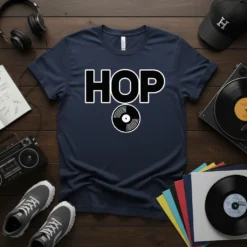 HOP t-shirt with a black and white vinyl record graphic, representing hip hop music and vintage style