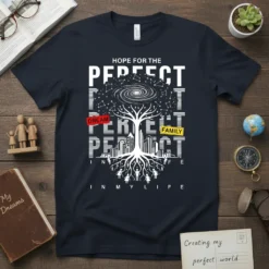Hope for the Perfect Dream Perfect Family In My Life quote on a navy t-shirt, featuring a tree with city