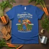 Hoppington Farm Carrot Patch Since 1985 t-shirt design featuring a bunny farmer with a pitchfork in a carrot field, barn