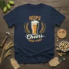 Navy t-shirt with "Hops Cheers Good Times" text, a beer glass, and wheat graphic
