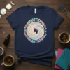 Navy blue t-shirt with "Hormotional" text in a circular pastel rainbow design and a female silhouette in the center