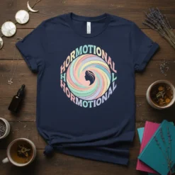 Navy blue t-shirt with "Hormotional" text in a circular pastel rainbow design and a female silhouette in the center