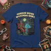 Horror Movie Watching Shirt design with a skeleton sitting in a chair watching TV, text at top