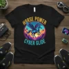 Horse Power Cyber Glide t-shirt with a blue winged horse illustration in a circular retro-futuristic design