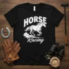 Horse Racing text design with a galloping white horse and dust clouds, on a black t-shirt