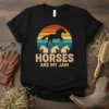 Retro sunset graphic with silhouette of a galloping horse and three smaller horse heads below text "HORSES ARE MY JAM"