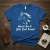 White outline of a horse's head with purple flowers and green leaves, text reads "Horses Are A Girls Best Friend"