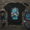 Black t-shirt with a neon blue and pink graffiti-style bear design that says HOS