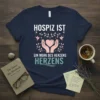 Hospiz ist ein Werk des Herzens HERZENS text design with heart and dove graphics on a navy t-shirt