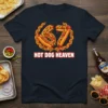 Hot Dog Heaven t-shirt design featuring numbers 67 made of hot dogs with mustard and ketchup, surrounded by buns and