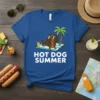 Hot Dog Summer text with a cartoon dachshund wearing sunglasses relaxing on a beach towel under a palm tree