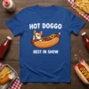 Hot Doggo Best In Show t-shirt with a cute corgi in a hot dog bun graphic and white text
