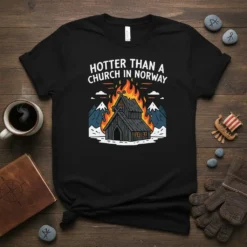 Hotter Than A Church In Norway text with burning wooden building graphic, mountains, and flames on black t-shirt