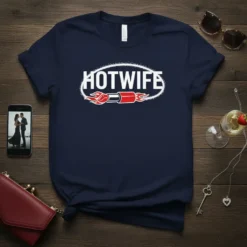 HOTWIFE graphic t-shirt with a red lipstick and flame design, white text, navy blue shirt