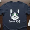 House King t-shirt design with a black and white cat face and green eyes, featuring the text "House King" and
