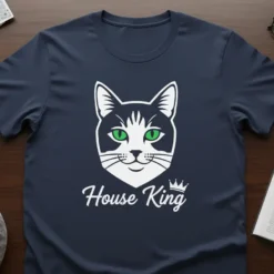 House King t-shirt design with a black and white cat face and green eyes, featuring the text "House King" and