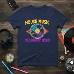 House Music All Night Long text with a retro neon vinyl record graphic on a navy blue t-shirt