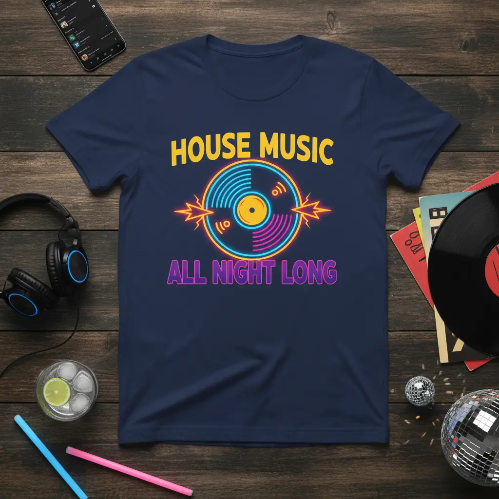 House Music All Night Long Vinyl T-Shirt Dj Party Gift