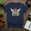 House of Uplifting Soul Ev Are text design with wings and flame graphic on a navy t-shirt
