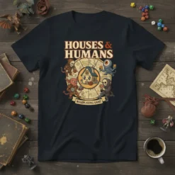 HOUSES & HUMANS ROLEPLAYING GAME t-shirt design featuring cartoon characters around a house illustration and game board elements