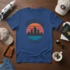 Houston Texas retro sunset skyline t-shirt design featuring a circular graphic with city buildings and gradient colors