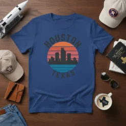 Houston Texas retro sunset skyline t-shirt design featuring a circular graphic with city buildings and gradient colors