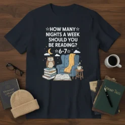 T-shirt design with text "How Many Nights a Week Should You Be Reading 6-7" featuring an owl on books, armchair