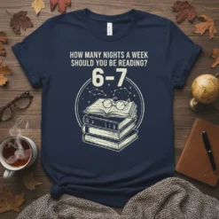 T-shirt with "How Many Nights A Week Should You Be Reading? 6-7" text and stacked books graphic