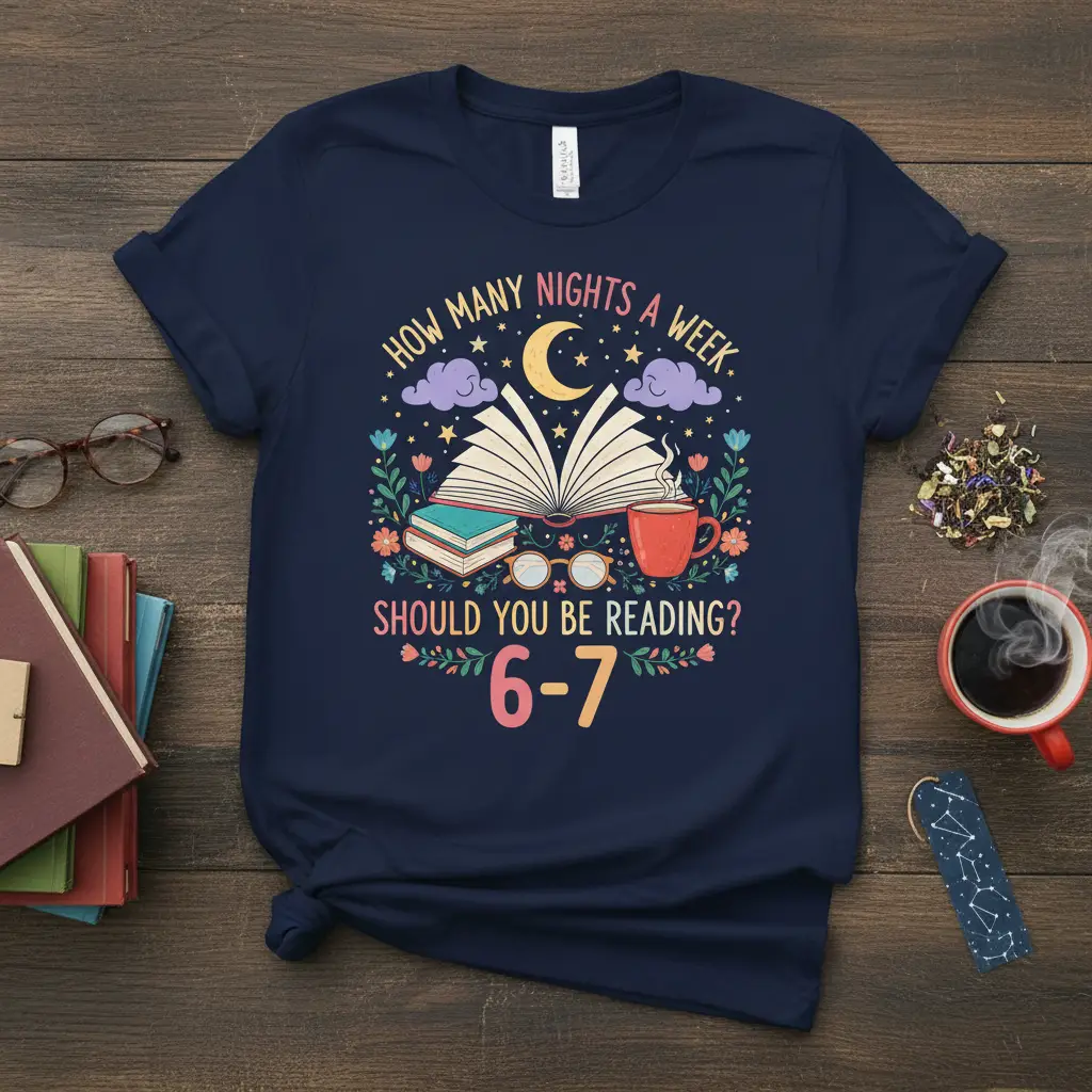 How Many Nights a Week Should You Be Reading? 6-7 quote with open book, moon, and coffee cup graphic on t-shirt