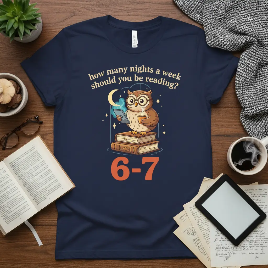 How many nights a week should you be reading? 6-7 quote with owl illustration on a navy blue t-shirt