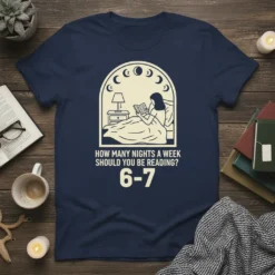 How Many Nights A Week Should You Be Reading? 6-7 text on a navy t-shirt featuring a woman reading in