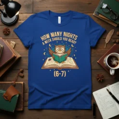 T-shirt with "How Many Nights A Week Should You Read? (6-7)" text and an owl reading a book under a
