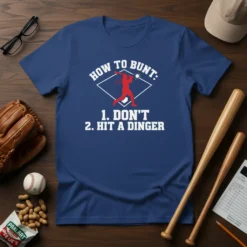 T-shirt with "How to Bunt: 1. Don't 2. Hit a Dinger" baseball quote and graphic of a batter in red