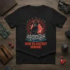 Black t-shirt with "How To Destroy Humans" text and a cartoon black cat holding a tablet surrounded by skulls