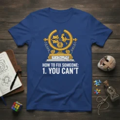 T-shirt with "HOW TO FIX SOMEONE: 1. YOU CAN'T" quote and a broken mechanical gear design in gold and white