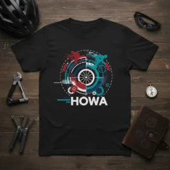 HOWA cycling t-shirt design with cyclists, gears, and a central wheel graphic in red and blue